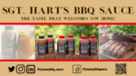 SGT. Hart's BBQ Sauce yellow banner with the bottles and social media links, ribs, and a cocktail using the sauce and seasonings